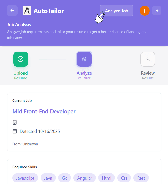 AutoTailor analyzing job posting on LinkedIn for ATS keyword optimization