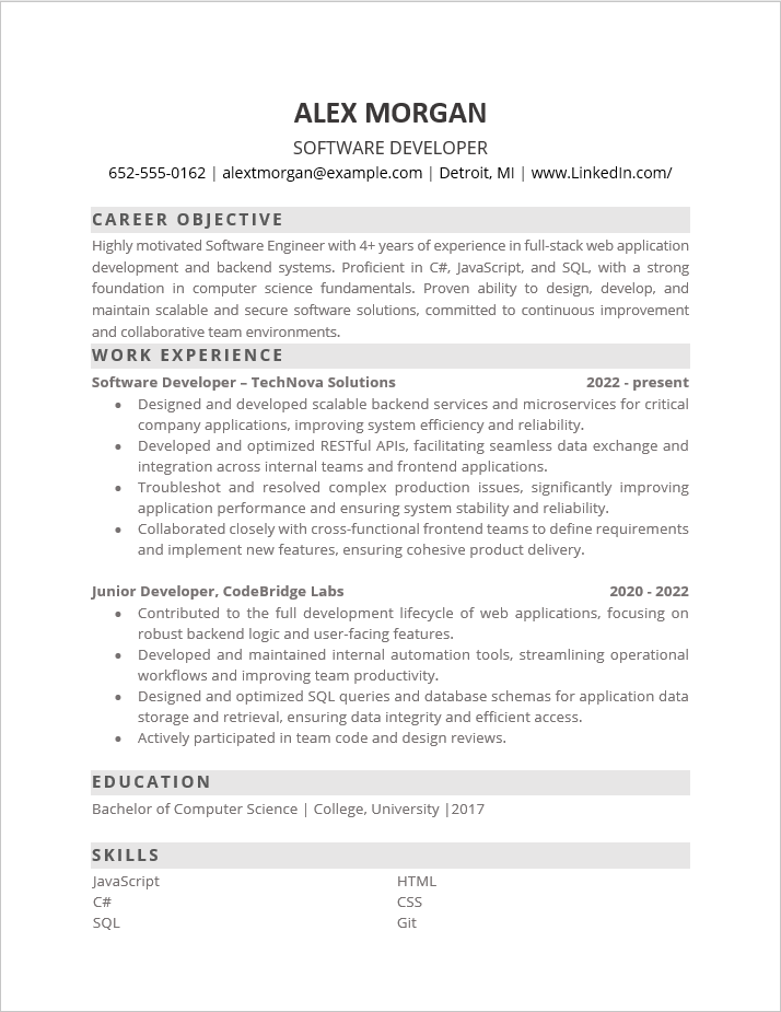Resume after tailoring — optimized for a software developer role